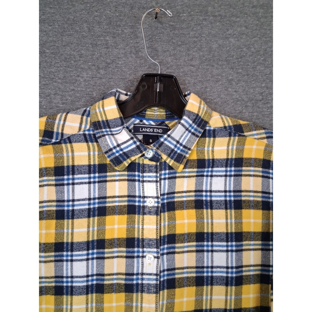 Lands End Womens‎ Shirt 8 Yellow Blue Plaid Flannel Lumberjack Cabin Core Cozy